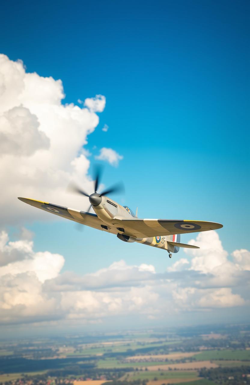 An iconic World War II scene featuring a Supermarine Spitfire aircraft taking off into a clear blue sky, emphasizing the power and grace of the plane
