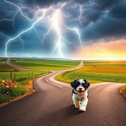 An enchanting summer scene with lively lightning in the heavens above multiple crossroads in the countryside
