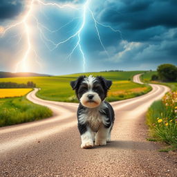 An enchanting summer scene with lively lightning in the heavens above multiple crossroads in the countryside