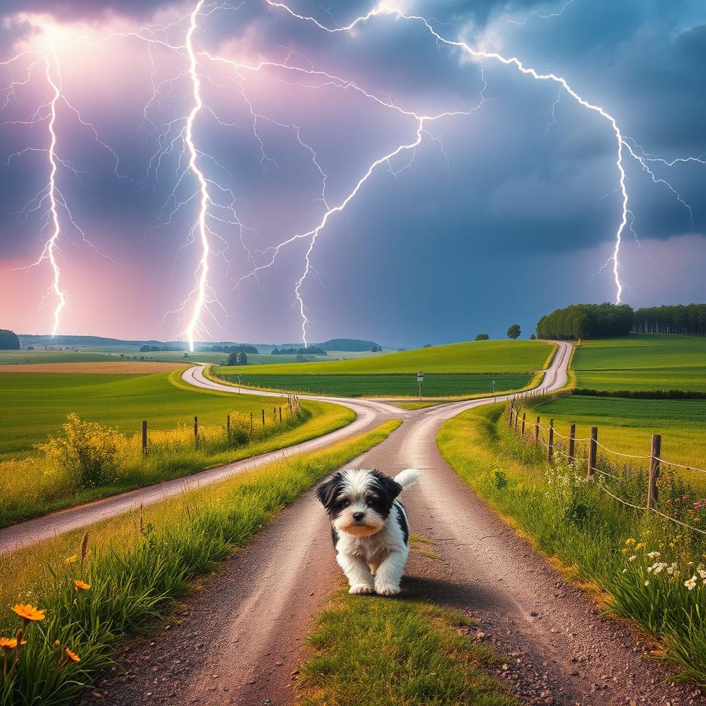 An enchanting summer scene with lively lightning in the heavens above multiple crossroads in the countryside