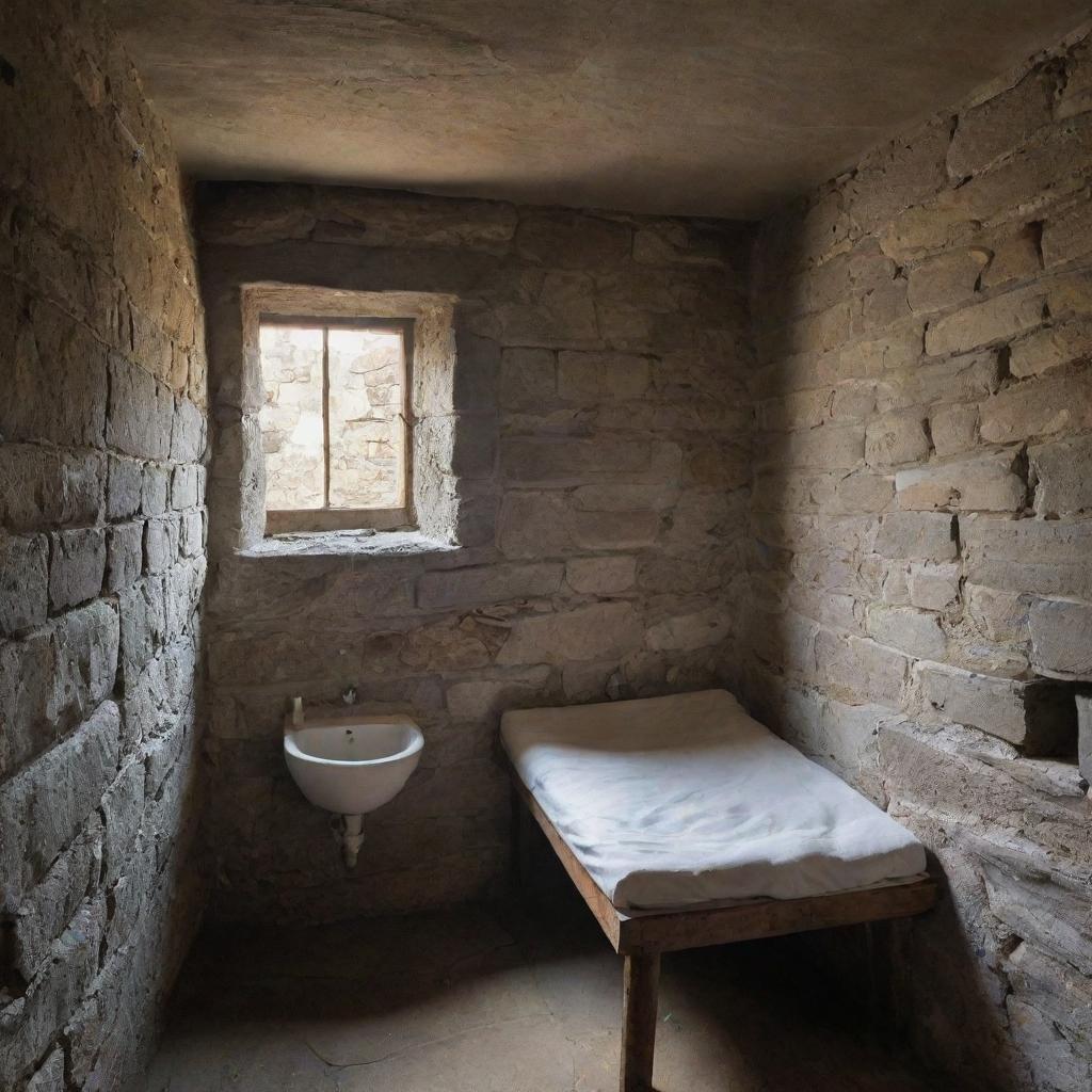 A medieval prison cell with rugged stone walls, featuring a bed and a sink. A small lattice window etched into the wall offers a peek into an adjoining chamber, diffusing a soft light onto the stark room.