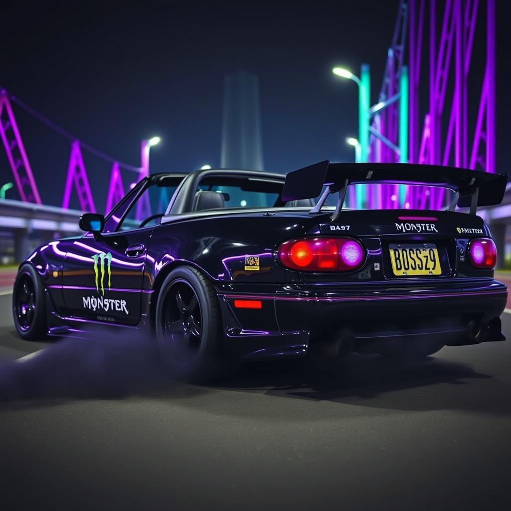 A black 1990 Mazda Miata with purple headlights and a custom body kit, featuring a prominent rear spoiler