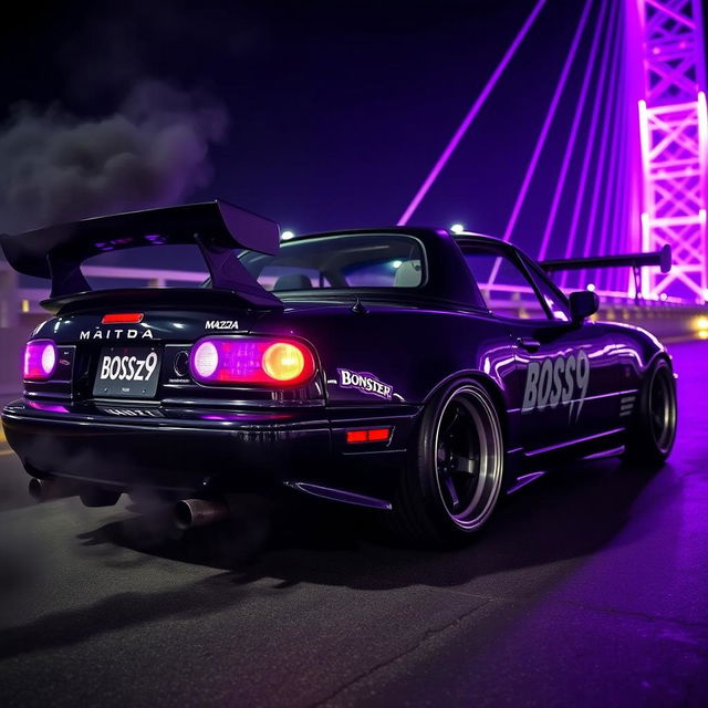 A black 1990 Mazda Miata with purple headlights and a custom body kit, featuring a prominent rear spoiler