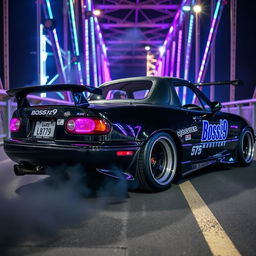 A black 1990 Mazda Miata with purple headlights and a custom body kit, featuring a prominent rear spoiler