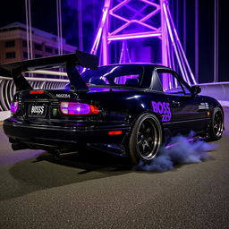 A black 1990 Mazda Miata with purple headlights and a custom body kit, featuring a prominent rear spoiler