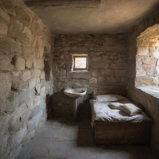 A medieval prison cell with rugged stone walls, featuring a bed and a sink. A small lattice window etched into the wall offers a peek into an adjoining chamber, diffusing a soft light onto the stark room.