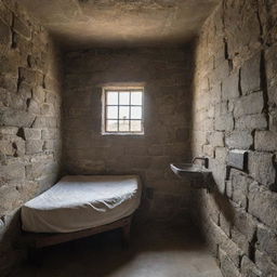 A medieval prison cell with rugged stone walls, featuring a bed and a sink. A small lattice window etched into the wall offers a peek into an adjoining chamber, diffusing a soft light onto the stark room.