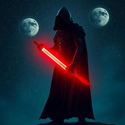 A mysterious shadowy figure standing confidently, holding a glowing reddish sword that illuminates the surroundings