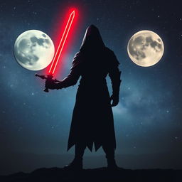 A mysterious shadowy figure standing confidently, holding a glowing reddish sword that illuminates the surroundings