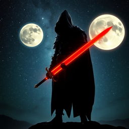 A mysterious shadowy figure standing confidently, holding a glowing reddish sword that illuminates the surroundings