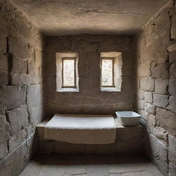 A medieval prison cell with rugged stone walls, featuring a bed and a sink. A small lattice window etched into the wall offers a peek into an adjoining chamber, diffusing a soft light onto the stark room.