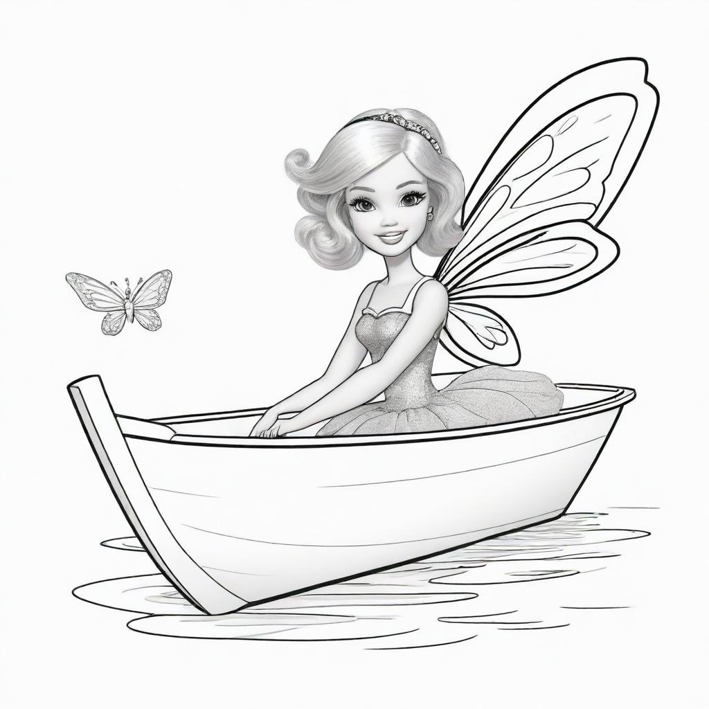 Two-dimensional, black and white cartoon of a Barbie fairy in a small boat, designed for a colouring page.