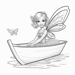 Two-dimensional, black and white cartoon of a Barbie fairy in a small boat, designed for a colouring page.