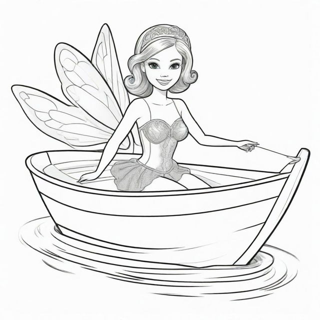 Two-dimensional, black and white cartoon of a Barbie fairy in a small boat, designed for a colouring page.