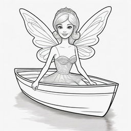 Two-dimensional, black and white cartoon of a Barbie fairy in a small boat, designed for a colouring page.