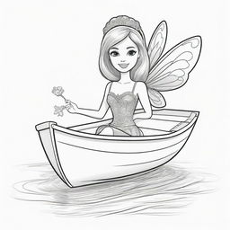 Two-dimensional, black and white cartoon of a Barbie fairy in a small boat, designed for a colouring page.