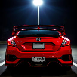 A red 2018 Honda Civic with a body kit and a rear spoiler, shown from the front view at night