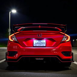 A red 2018 Honda Civic with a body kit and a rear spoiler, shown from the front view at night