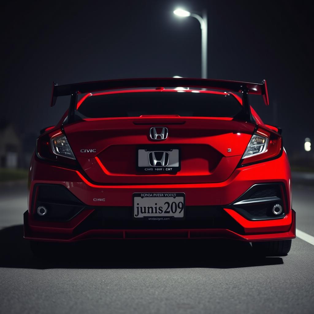 A red 2018 Honda Civic with a body kit and a rear spoiler, shown from the front view at night