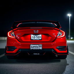 A red 2018 Honda Civic with a body kit and a rear spoiler, shown from the front view at night