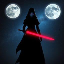 A mysterious shadowy female figure standing confidently, holding a vibrant red sword that emits a faint glow