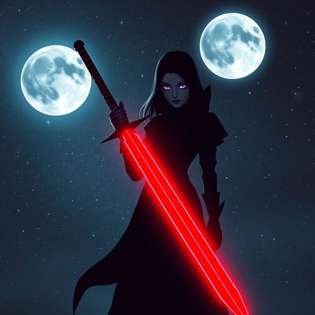 A mysterious shadowy female figure standing confidently, holding a vibrant red sword that emits a faint glow