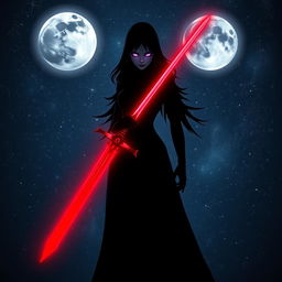 A mysterious shadowy female figure standing confidently, holding a vibrant red sword that emits a faint glow
