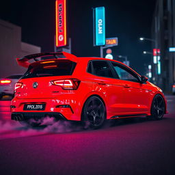 A 2024 red Polo car with a fully tuned body kit, featuring a prominent spoiler and black wheels