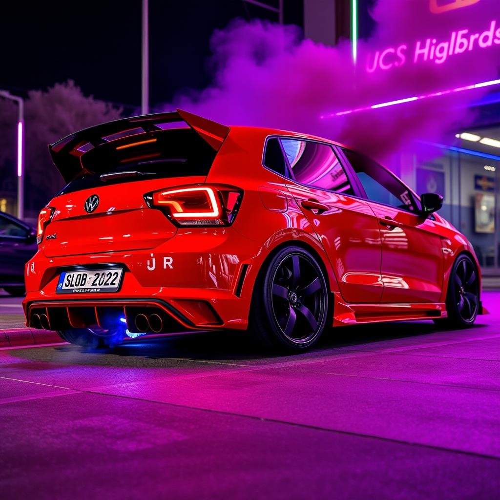 A 2024 red Polo car with a fully tuned body kit, featuring a prominent spoiler and black wheels