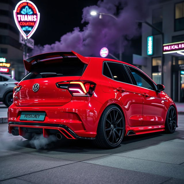 A 2024 red Polo car with a fully tuned body kit, featuring a prominent spoiler and black wheels