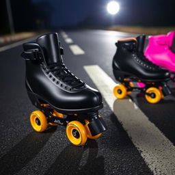 Black speed skates with yellow wheels and a second pair in pink, set on a road with white lines, illuminated by a round white light at night