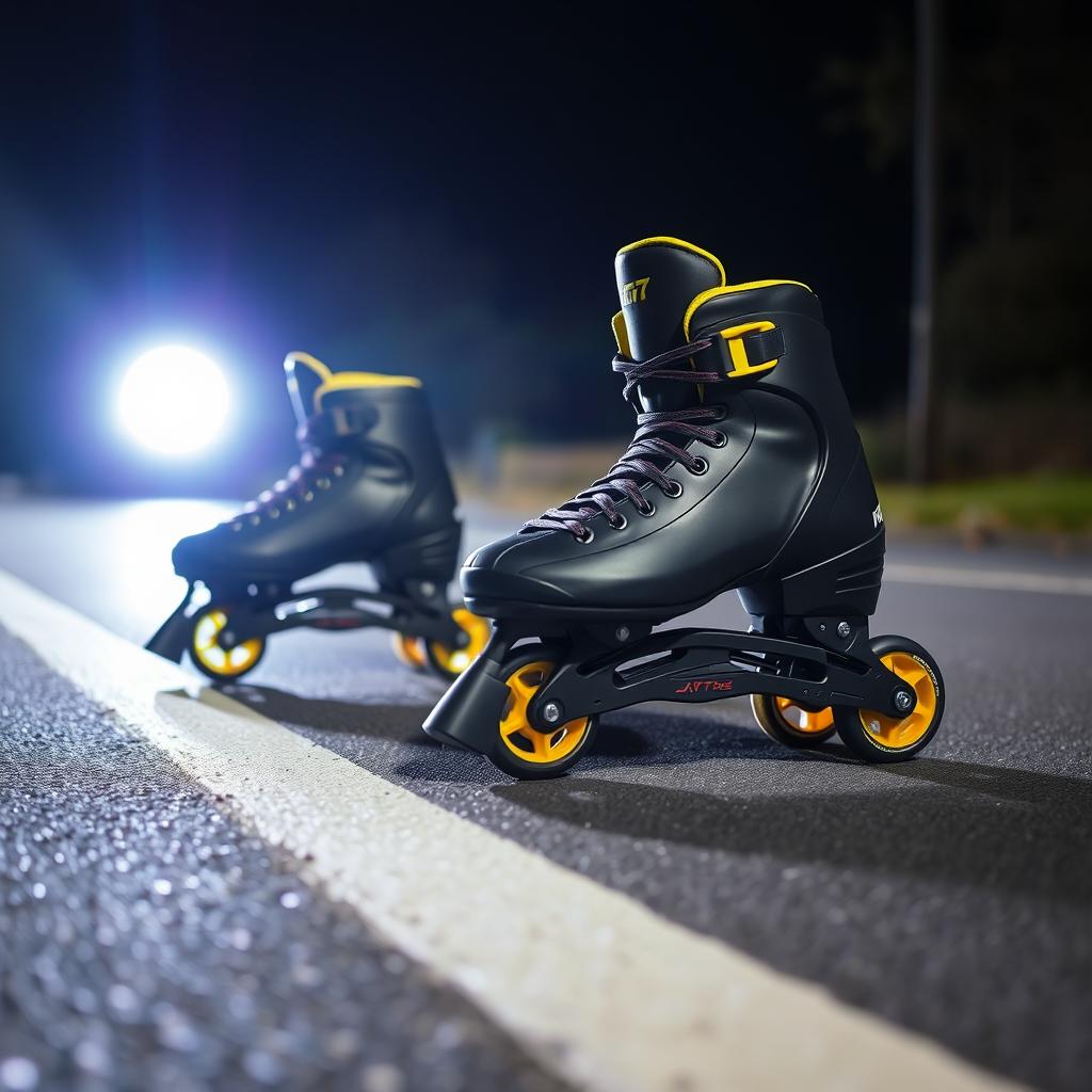 Black speed skates with yellow wheels and a second pair in pink, set on a road with white lines, illuminated by a round white light at night