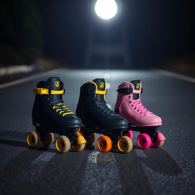 Black speed skates with yellow wheels and a second pair in pink, set on a road with white lines, illuminated by a round white light at night