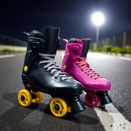 Black speed skates with yellow wheels and a second pair in pink, set on a road with white lines, illuminated by a round white light at night