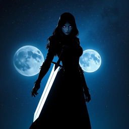 A mysterious shadowy female figure standing tall, gripping a sleek sword in her hand