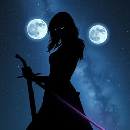 A mysterious shadowy female figure standing tall, gripping a sleek sword in her hand