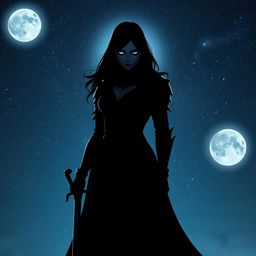 A mysterious shadowy female figure standing tall, gripping a sleek sword in her hand