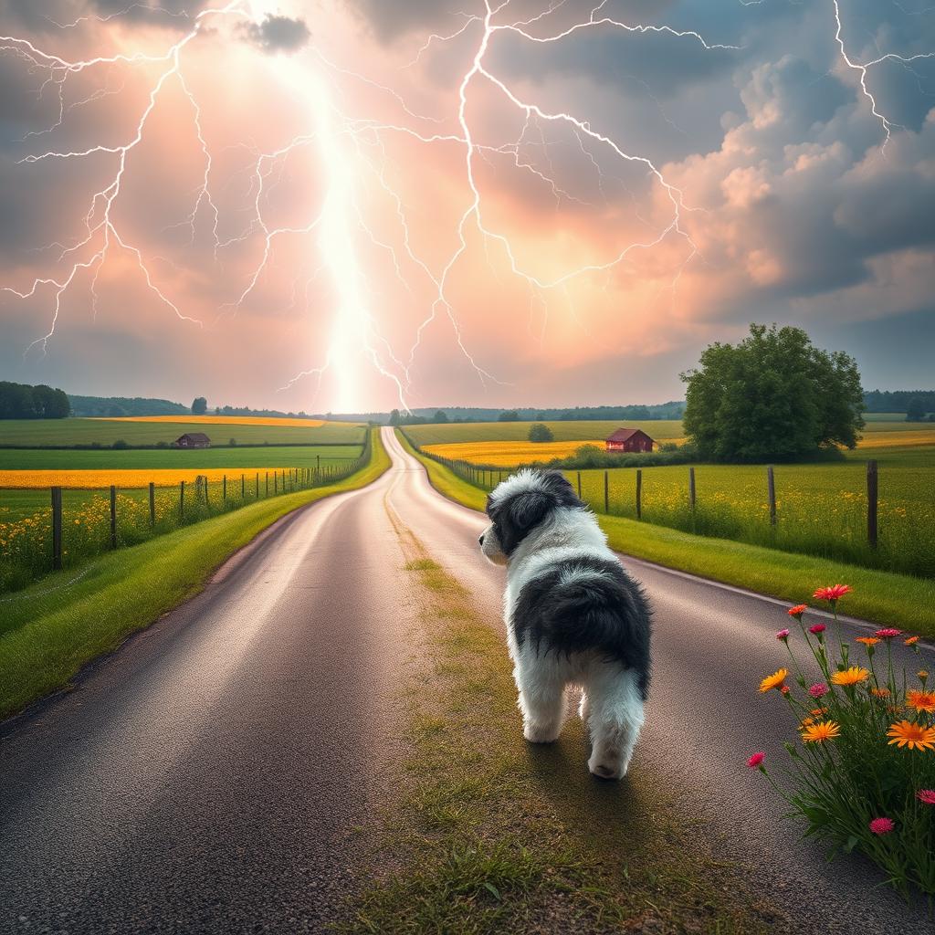 A captivating summer scene depicting striking lightning in the heavens above rural crossroads