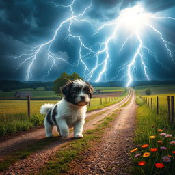 A captivating summer scene depicting striking lightning in the heavens above rural crossroads