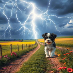 A captivating summer scene depicting striking lightning in the heavens above rural crossroads