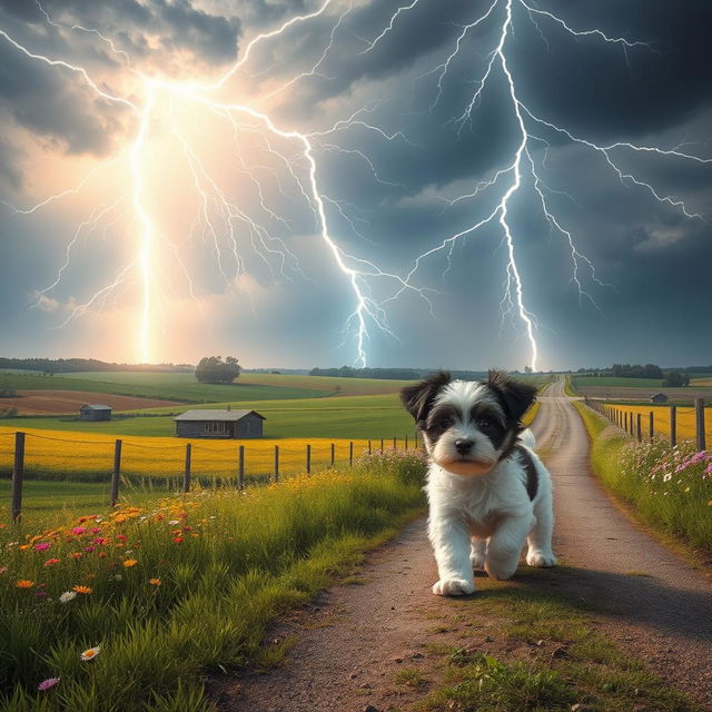 A captivating summer scene depicting striking lightning in the heavens above rural crossroads