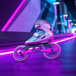 A sleek white inline speed skate gliding effortlessly, illuminated by vibrant purple and blue neon lights