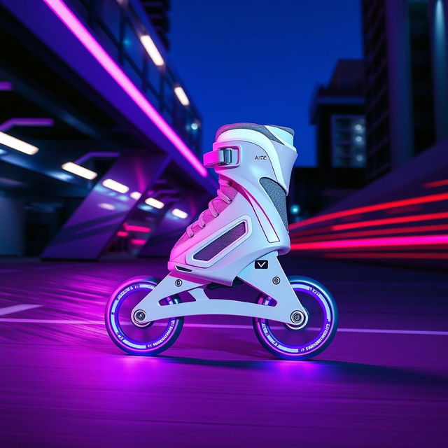 A sleek white inline speed skate gliding effortlessly, illuminated by vibrant purple and blue neon lights