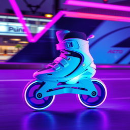 A sleek white inline speed skate gliding effortlessly, illuminated by vibrant purple and blue neon lights