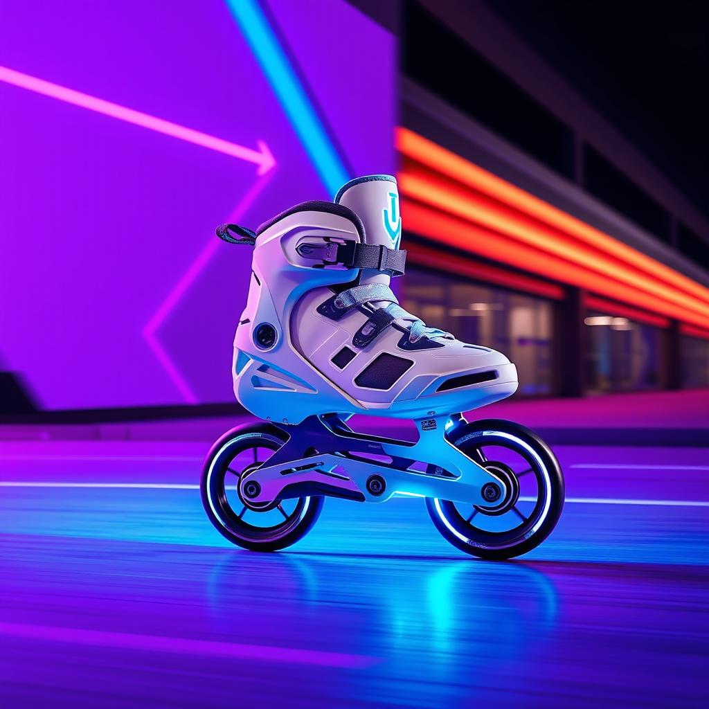 A sleek white inline speed skate gliding effortlessly, illuminated by vibrant purple and blue neon lights
