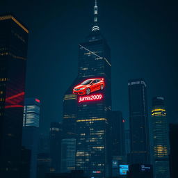 A vibrant city skyline at night featuring tall skyscrapers with neon lights, all turned off, except for one prominent skyscraper
