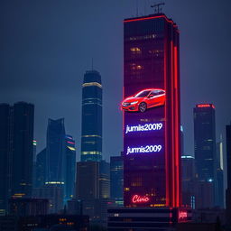 A vibrant city skyline at night featuring tall skyscrapers with neon lights, all turned off, except for one prominent skyscraper