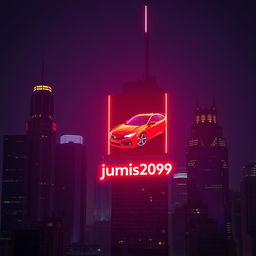 A vibrant city skyline at night featuring tall skyscrapers with neon lights, all turned off, except for one prominent skyscraper