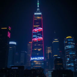 A vibrant city skyline at night featuring tall skyscrapers with neon lights, all turned off, except for one prominent skyscraper