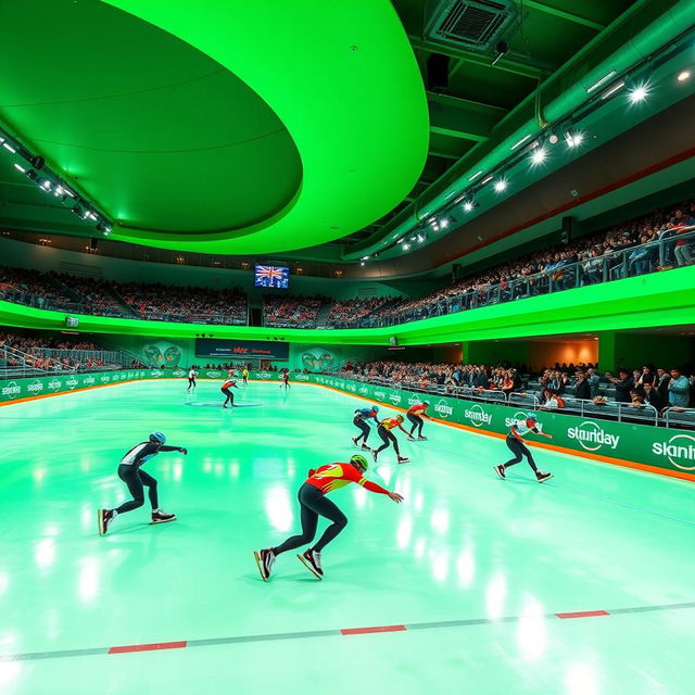 A vibrant green speed skating rink, showcasing an ultra-smooth surface that glistens under the bright lights